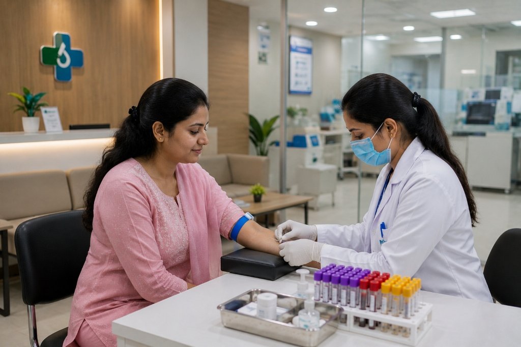 Certified phlebotomist wearing gloves collecting blood sample safely from patient