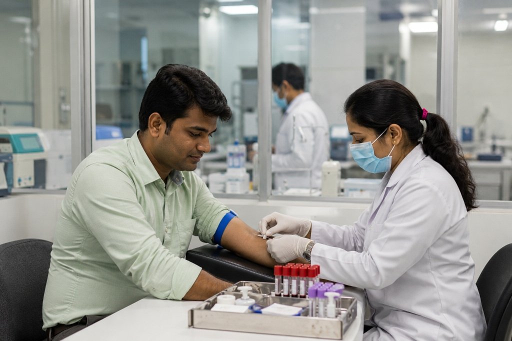 Blood sample collection from male patient at thyrocare clinic lucknow