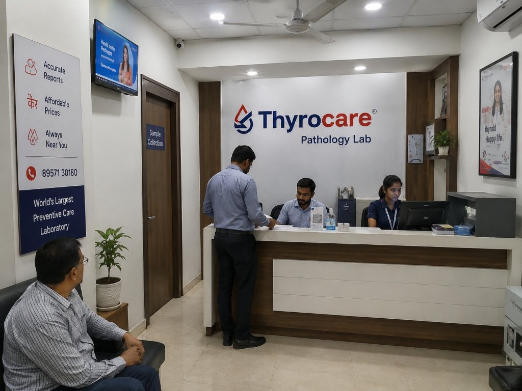 Thyrocare pathology lab reception counter desk staff